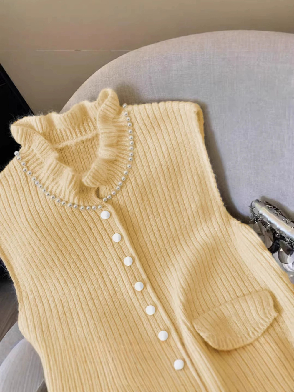 ZARA Soft Cream Pearl Collar Knit Vest French Lace Trim Layering